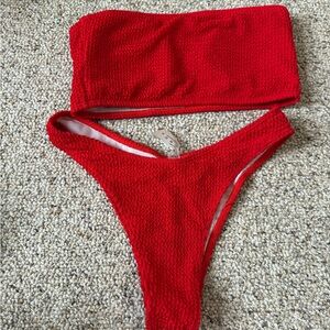 Red Textured Bikini Set